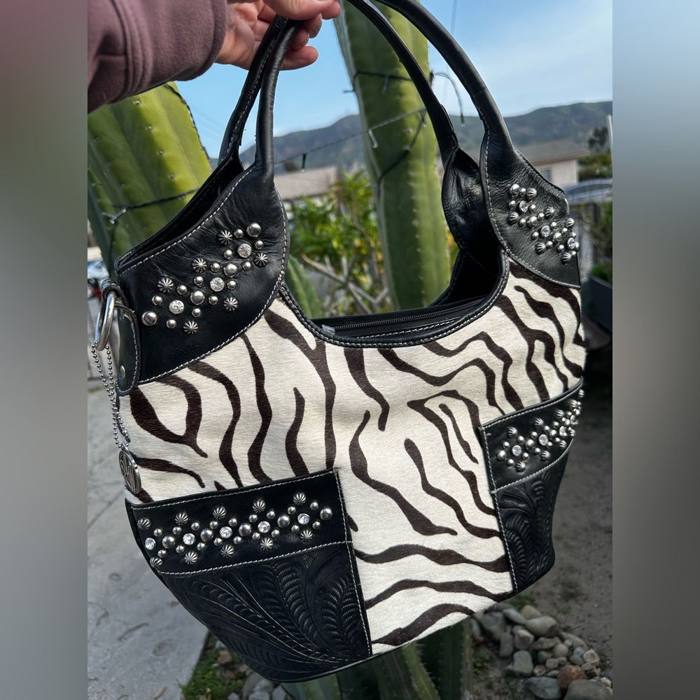 American West Zebra Print Hair-On Leather Zip-Top Carry-all Tote